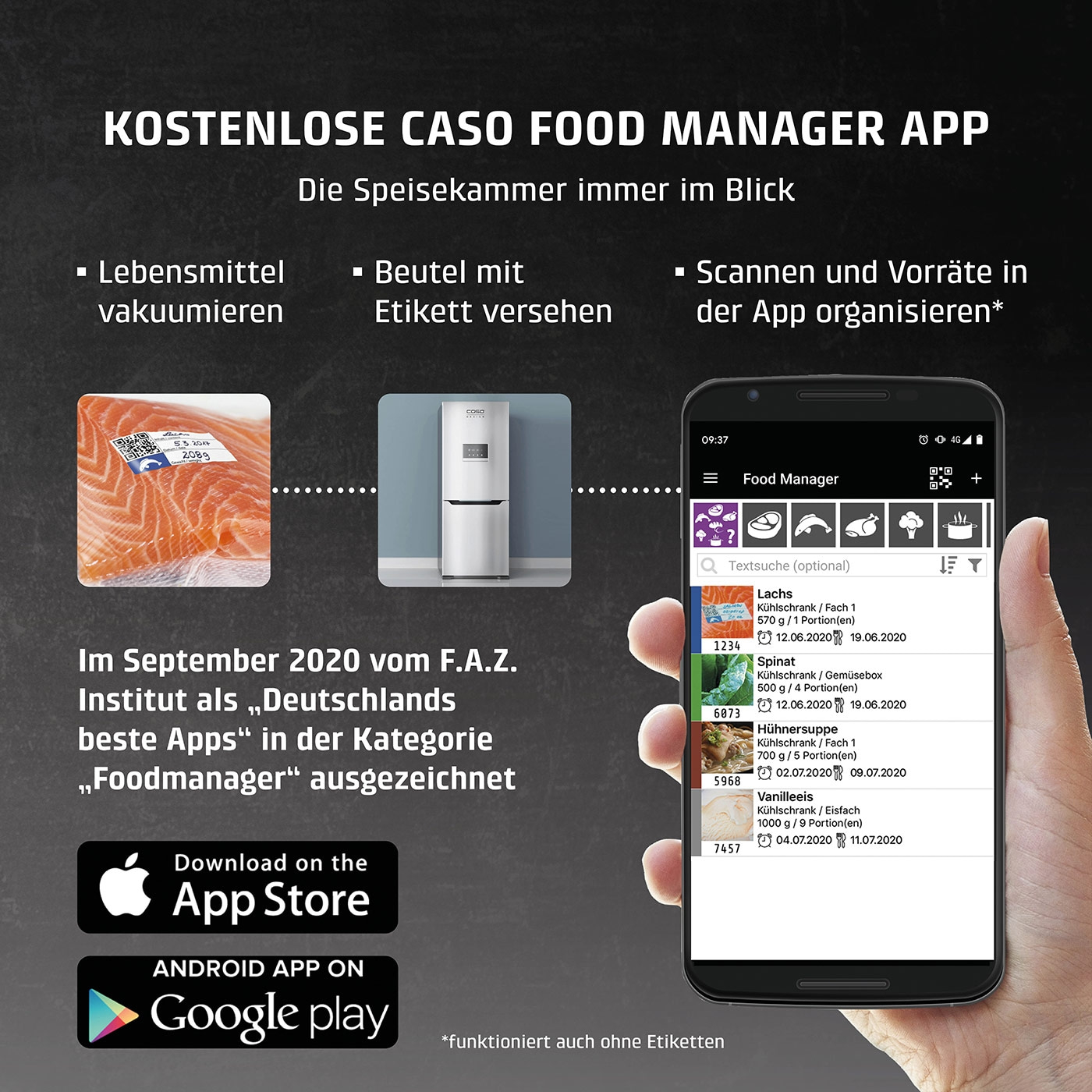 Caso Food Manager App: Lebensmittel vakuumieren, scannen, organisieren. Ausgezeichnet.