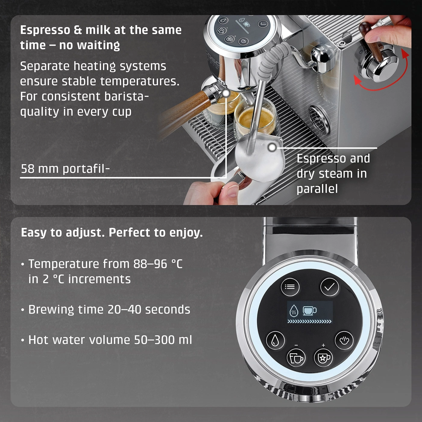 A coffee machine with two espressos and steam wand in use.