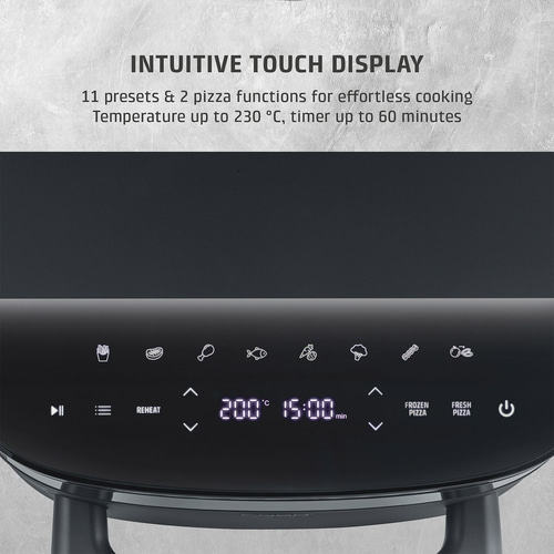 Air fryer with touch display and preset programs.