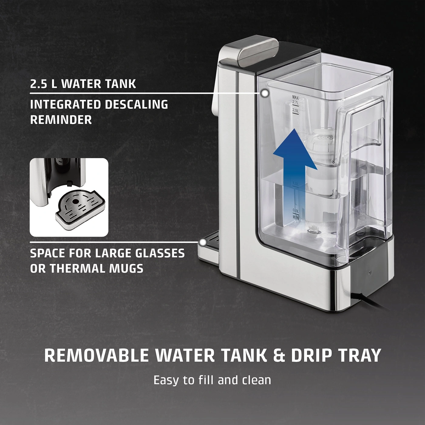 Coffee machine with large water tank and removable drip tray