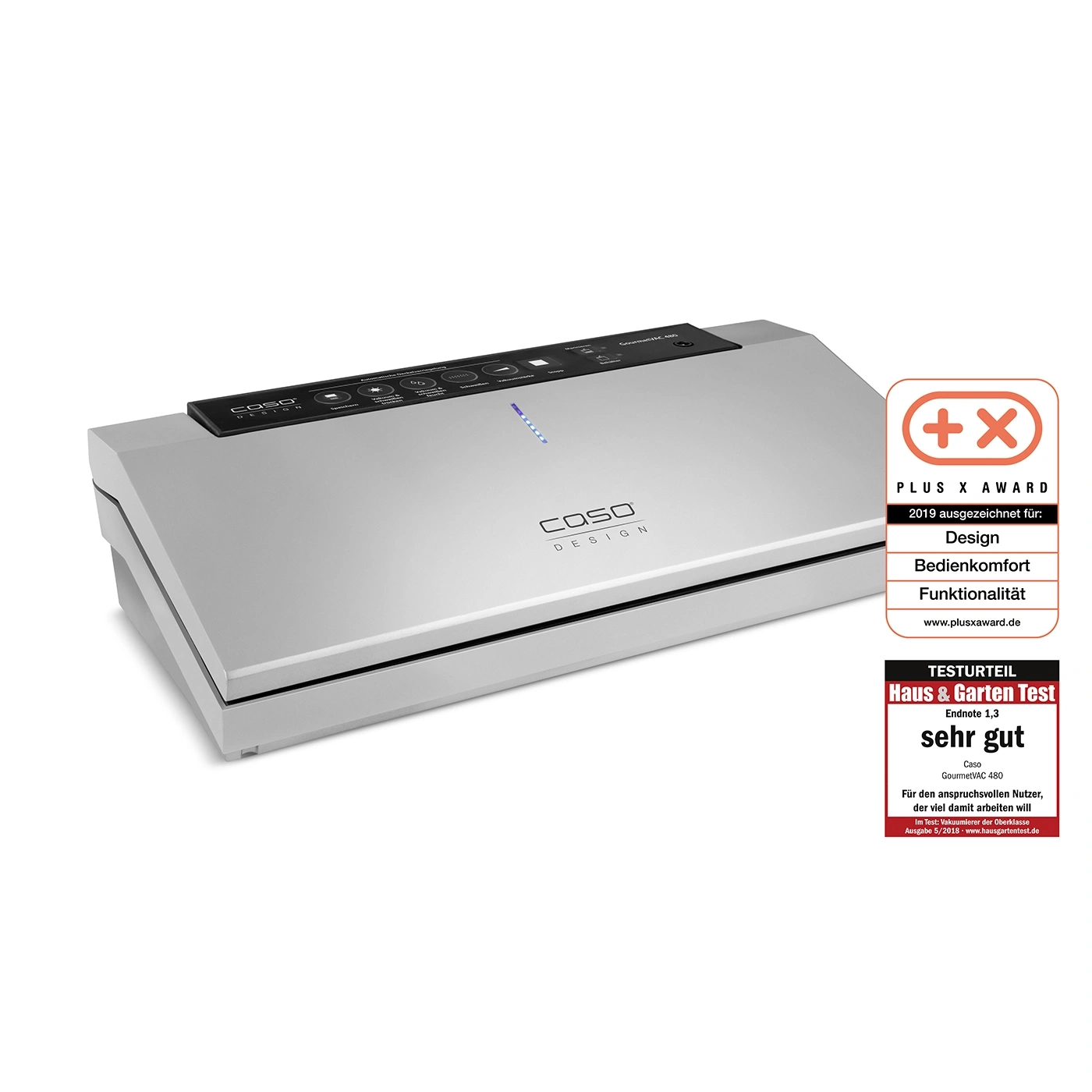 Caso GourmetVAC 480 vacuum sealer with awards and a 'very good' test result.