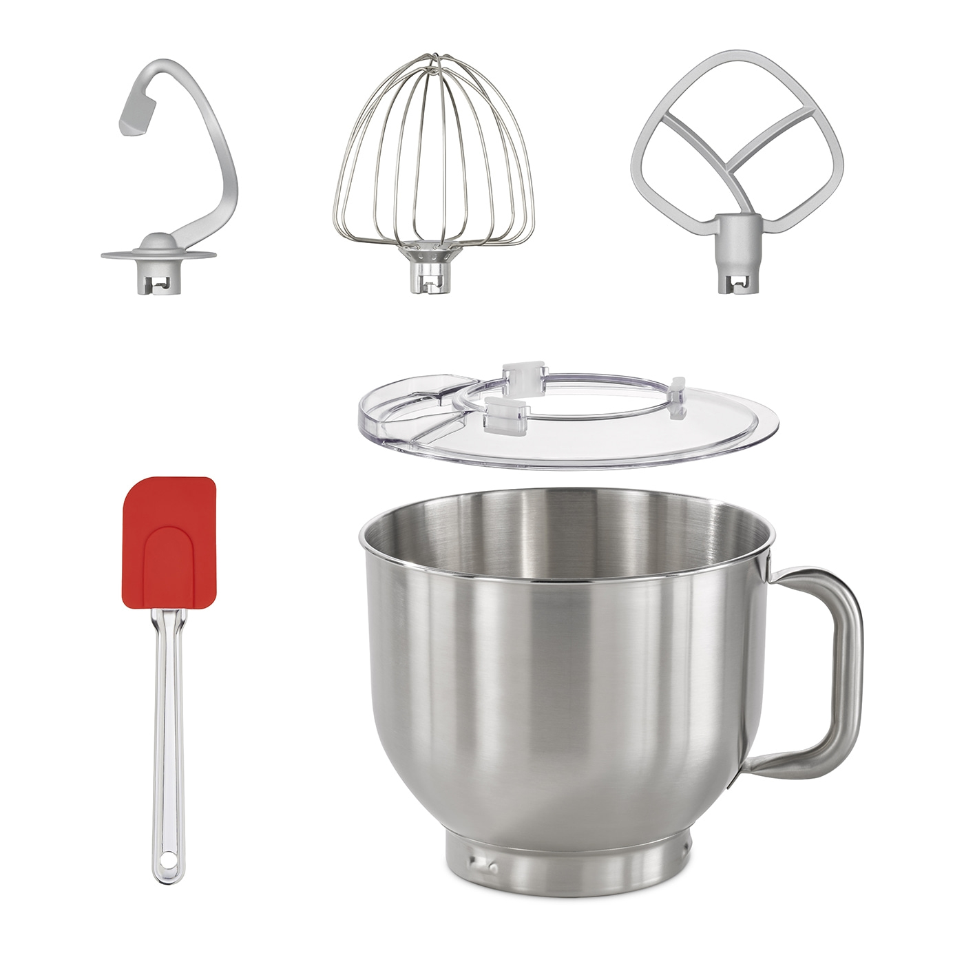 Kitchen machine with accessories: dough hook, whisk, flat beater, bowl, splash guard, and spatula.