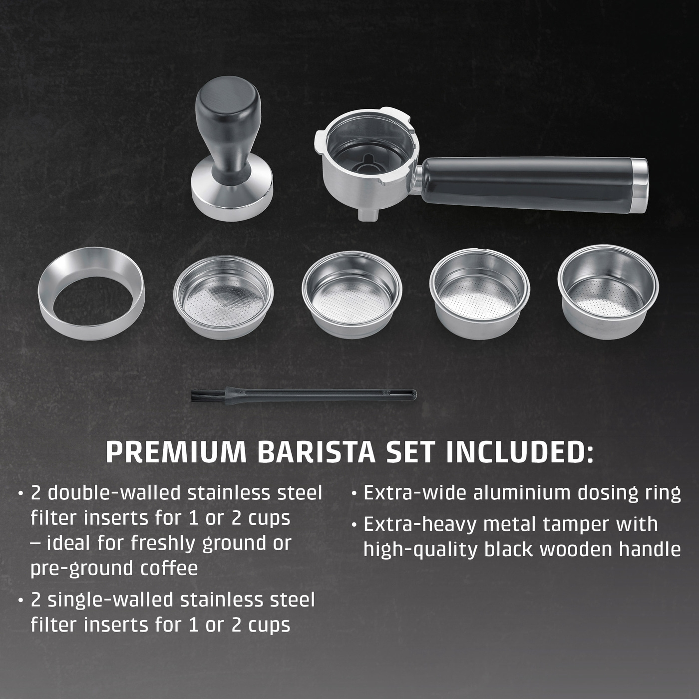 Espresso machine accessory set with tamper, baskets and portafilter on dark background