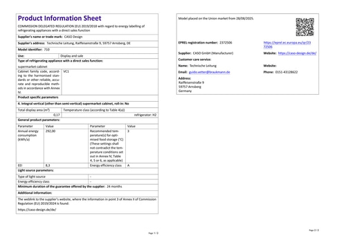 Product information sheet with technical details for a refrigerator for supermarkets.