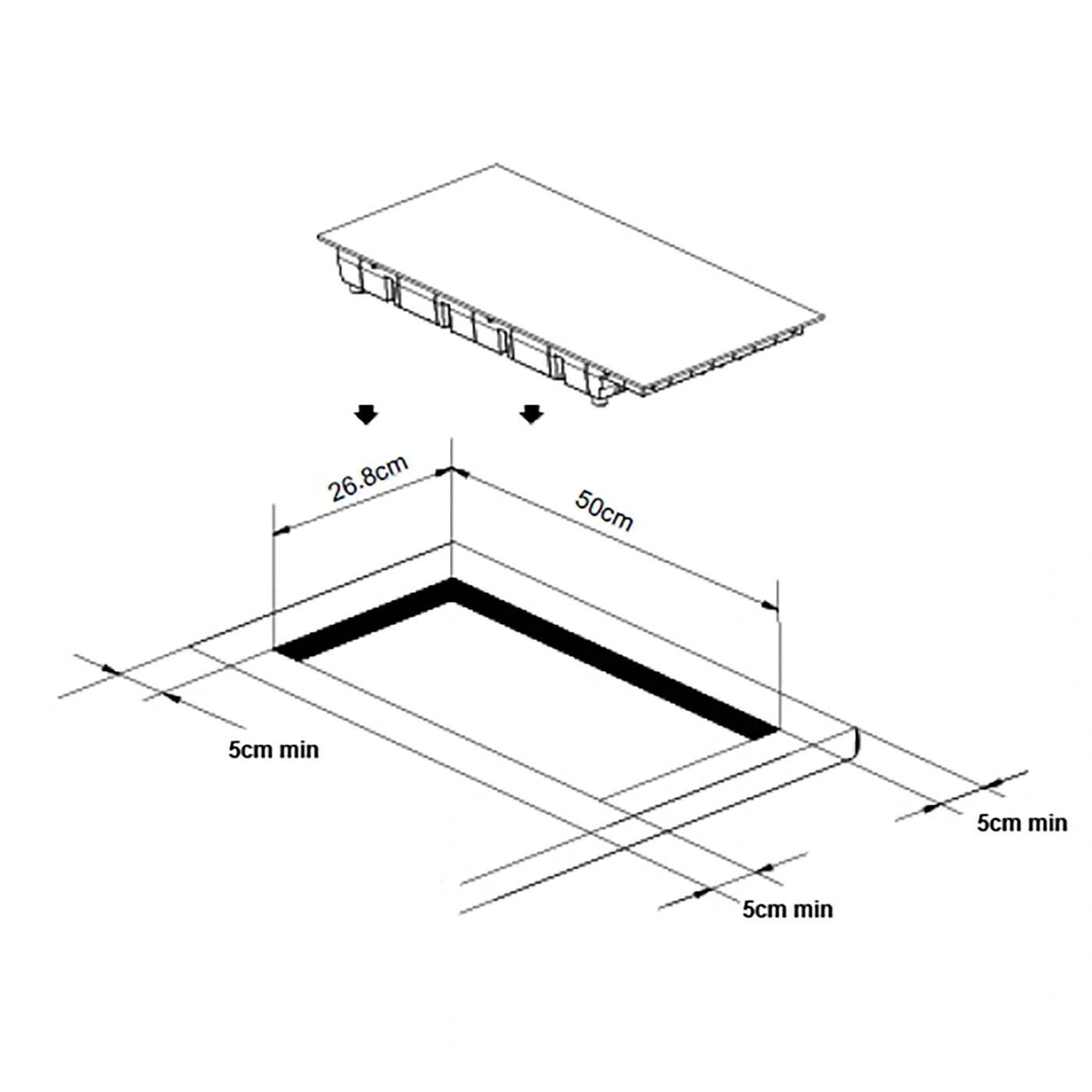 Cooktop cutout with dimensions: 26.8cm, 50cm, 5cm min. clearance.
