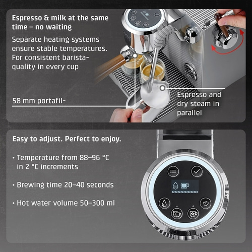 A coffee machine with two espressos and steam wand in use.
