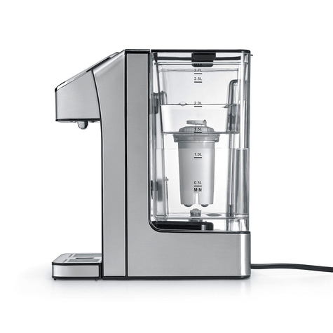 Edelstahl-Wasserfilter mit transparentem Wassertank und Filter. Modernes Design.