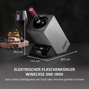 Wine cooler with wine, glass, food, dimensions, text, black, gray, table