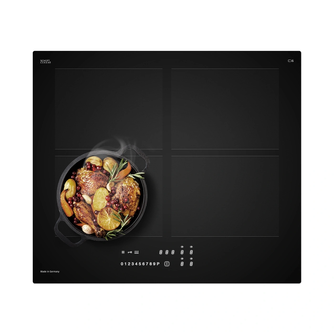 A hob with fried chicken on it, a cookware logo.