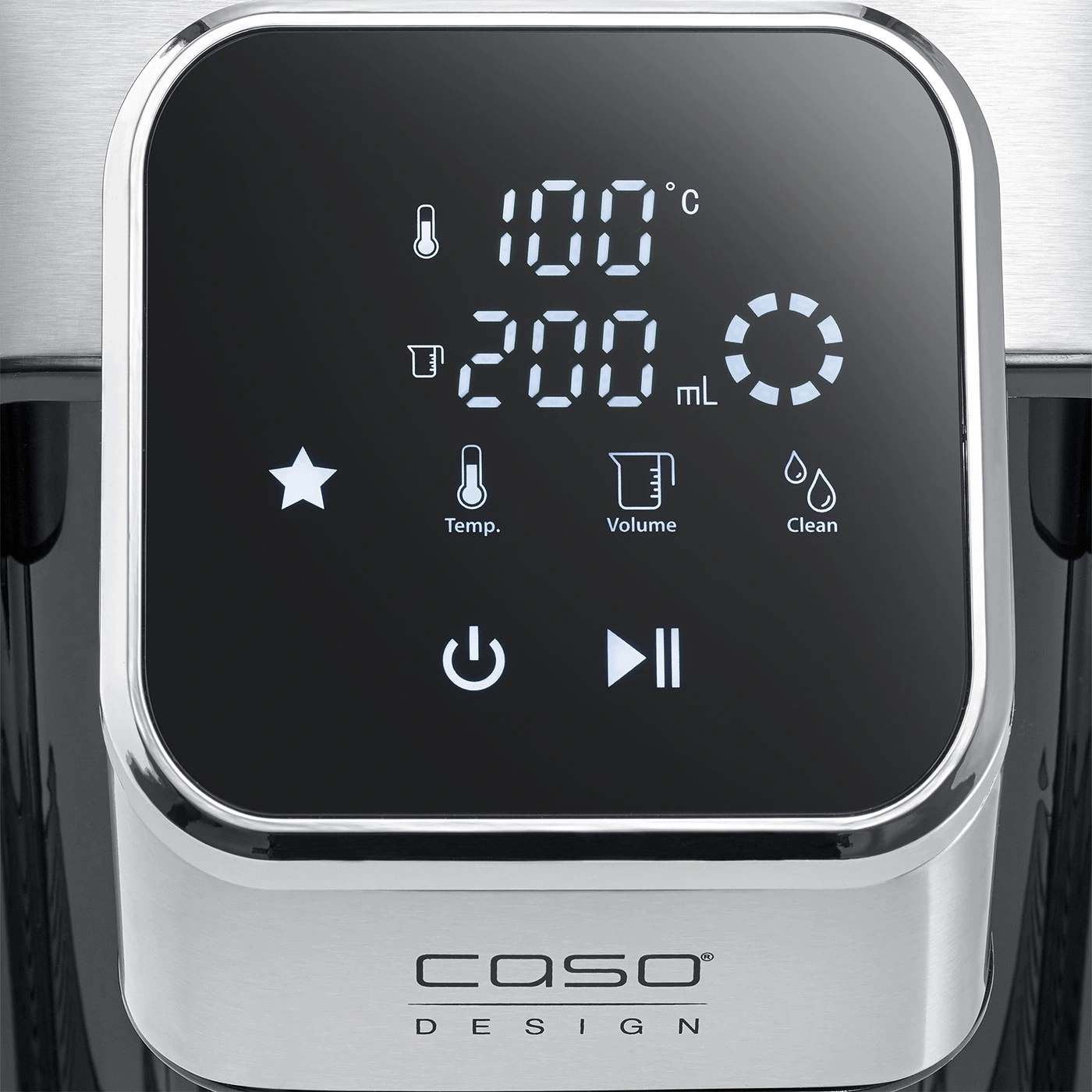 Digital display with temperature, volume, and cleaning function. Caso Design.