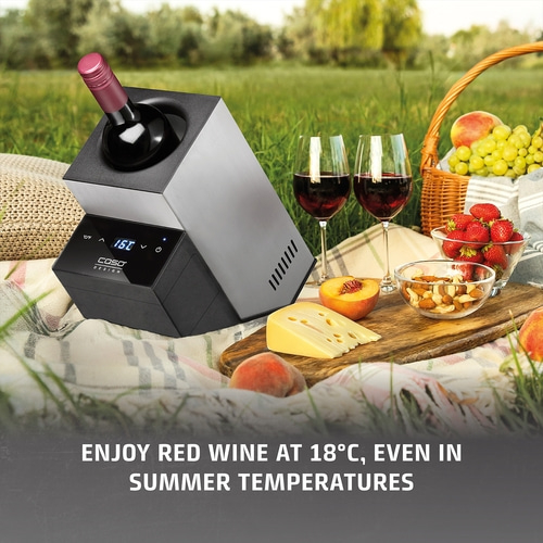 Outdoor wine cooler with picnic accessories and text. Enjoy red wine at 18°C. Perfect for summer.