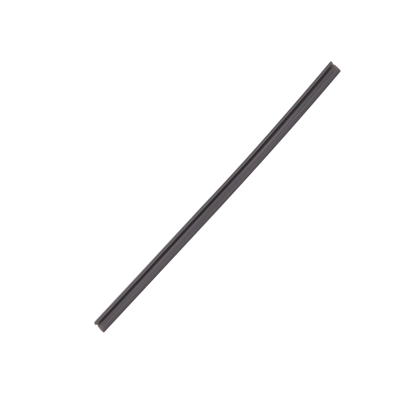 Dark, straight rod lying diagonally on a white background, isolated.