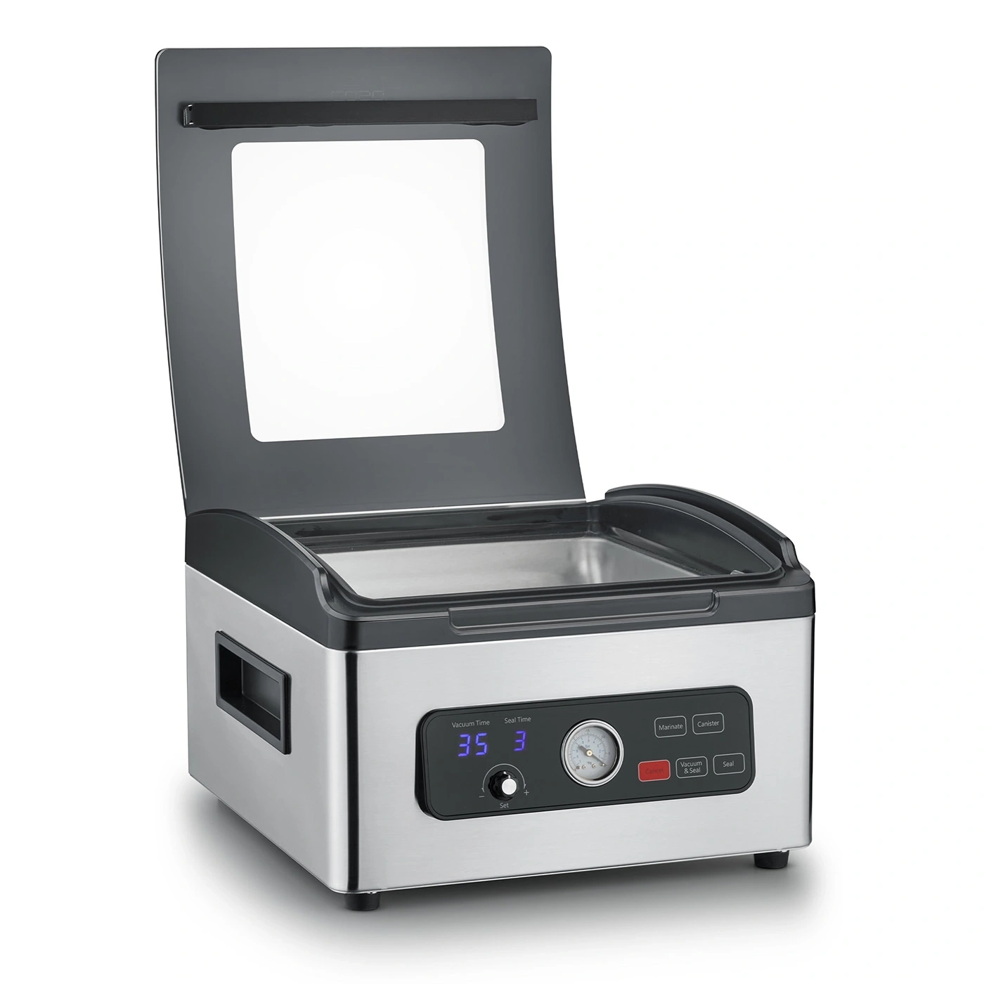 Vacuum sealer machine with display, buttons, and open lid for food packaging.