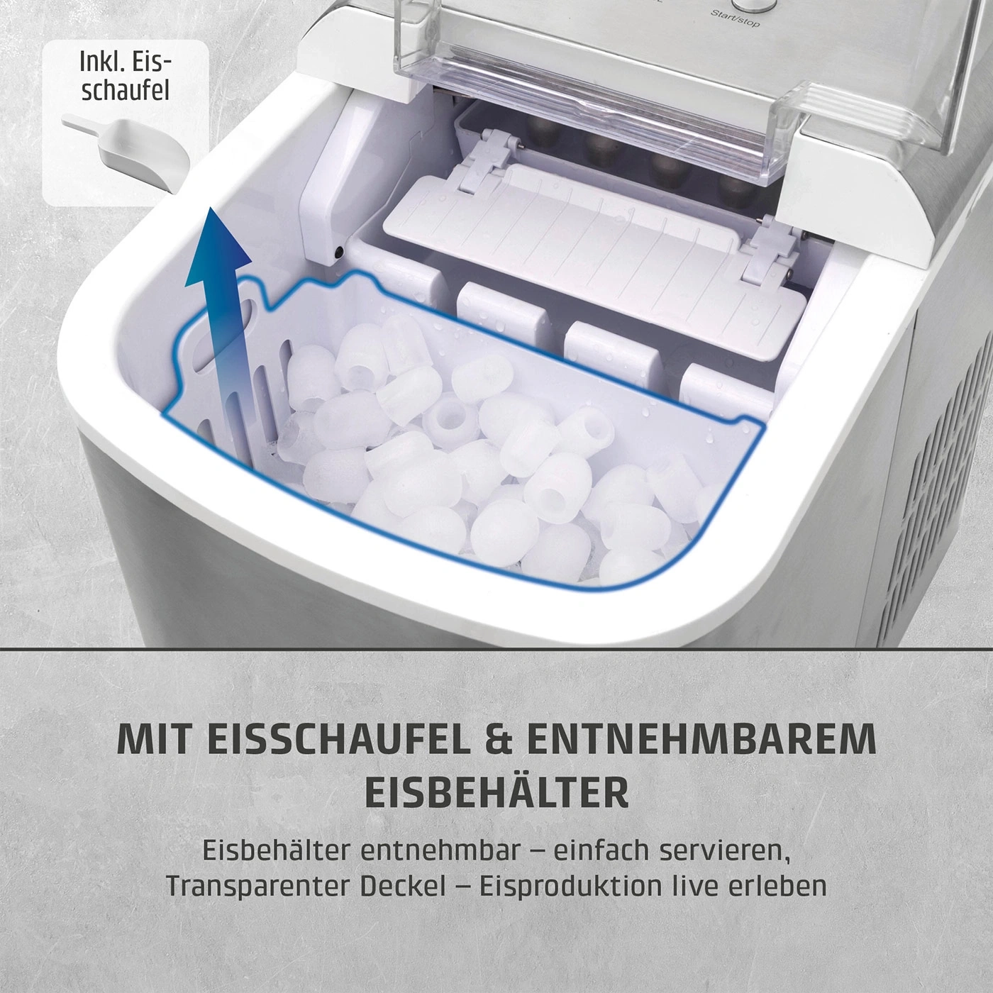Eismaschine mit entnehmbarem Eisbehälter und Eisschaufel
