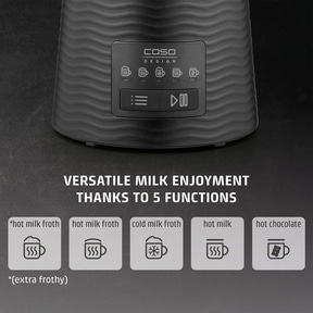 Milk frother with 5 functions: hot milk foam, cold milk foam, hot milk, hot chocolate.