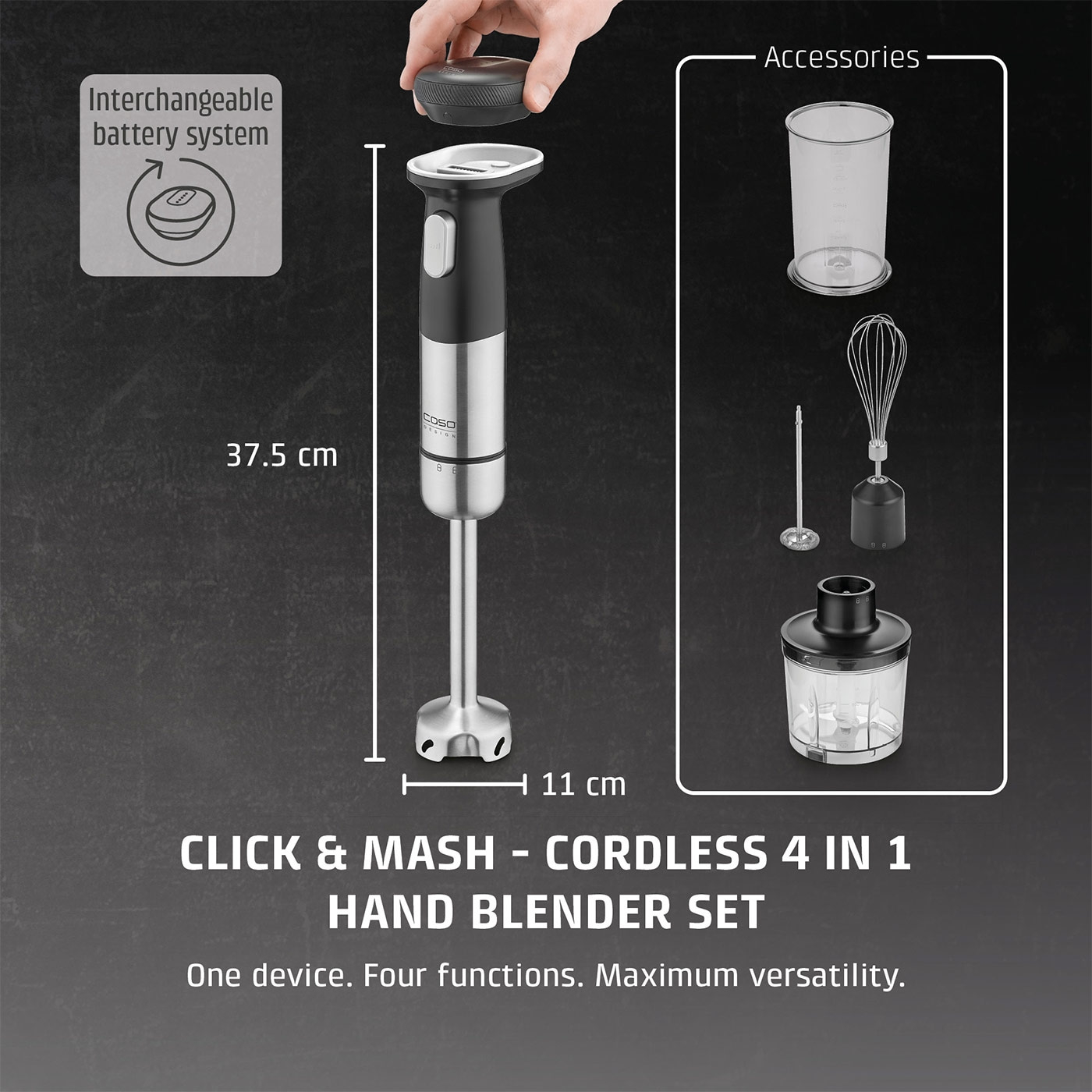 Immersion blender set with accessories, 37.5 cm high, 11 cm wide, cordless, 4in1, interchangeable battery system