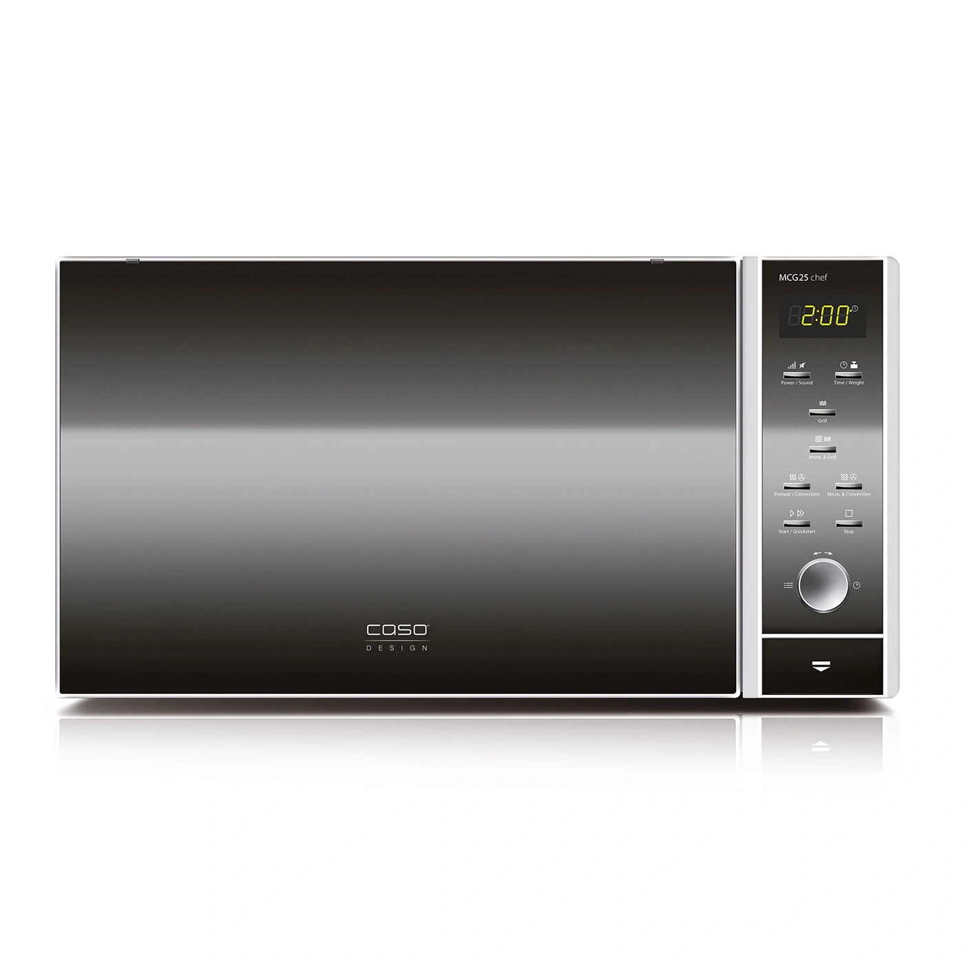 Mikrowelle Caso Design MCG25 Chef mit Bedienfeld und Anzeige für Zeit und Funktionen.