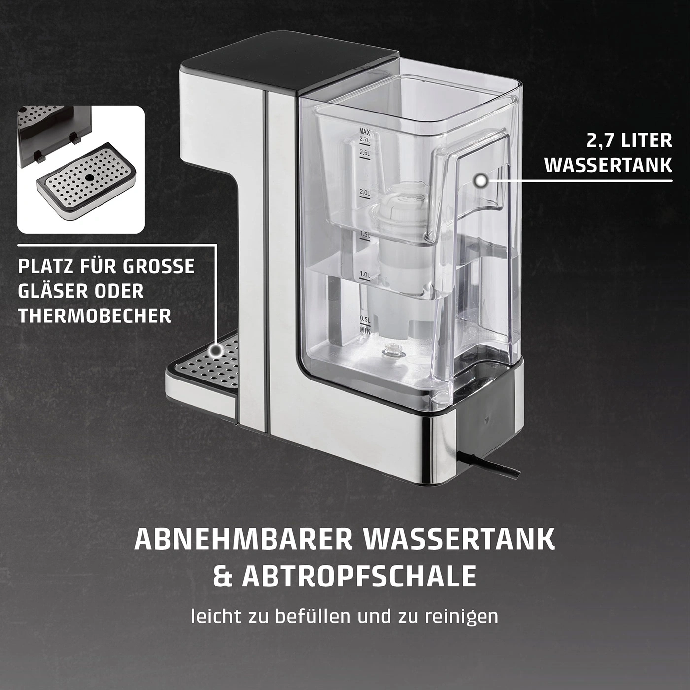 Wassertank und Abtropfschale eines Wasserspenders