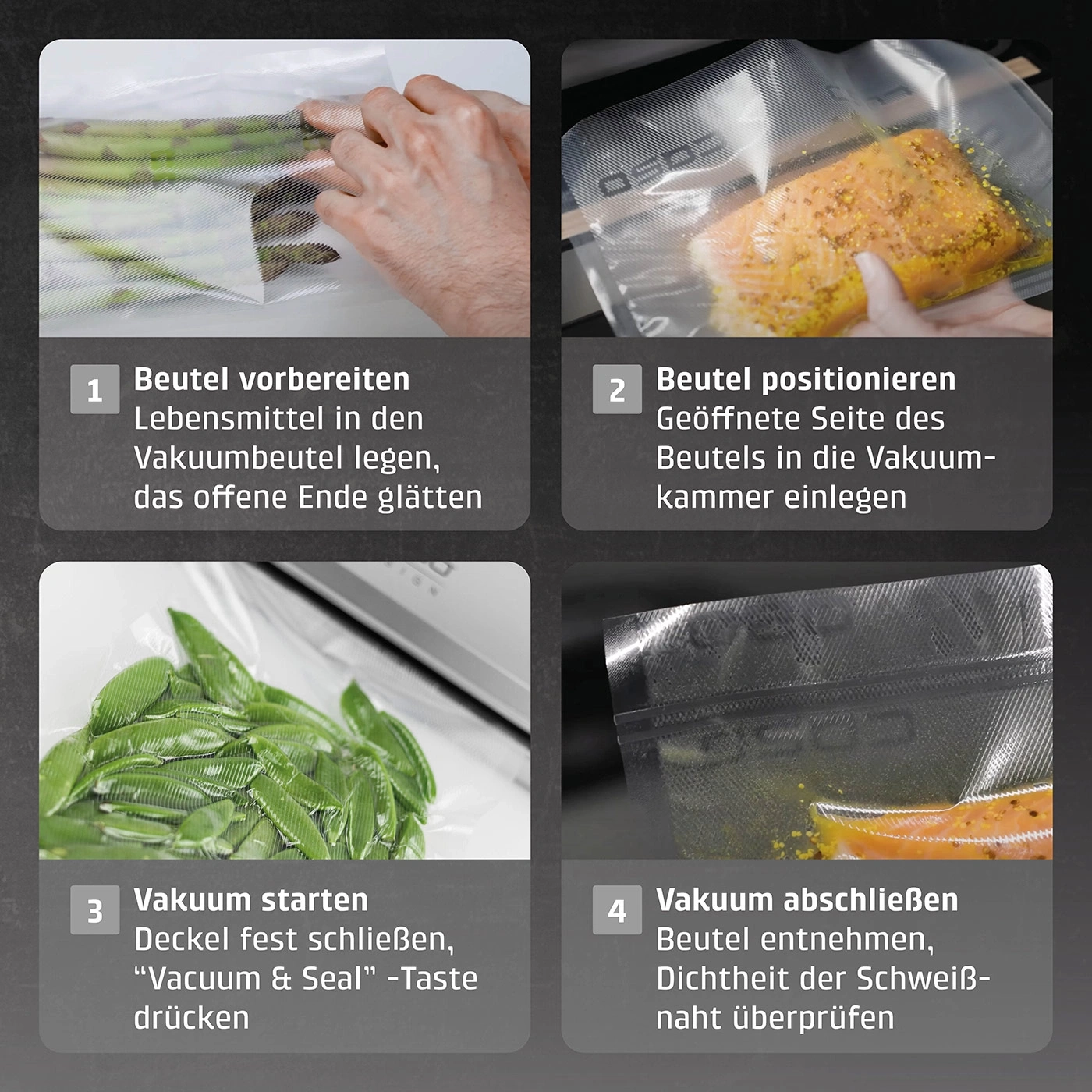 Vier Schritte zur Vakuumverpackung von Lebensmitteln mit einem Vakuumierer.