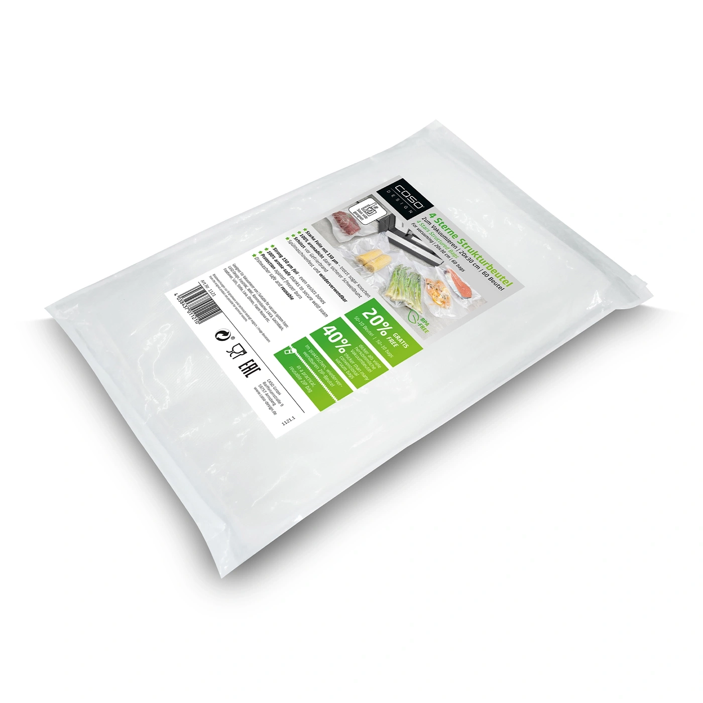 Vacuum bag packaging with 60 bags, 20x30cm, 4 stars structured bags, BPA-free, reusable.