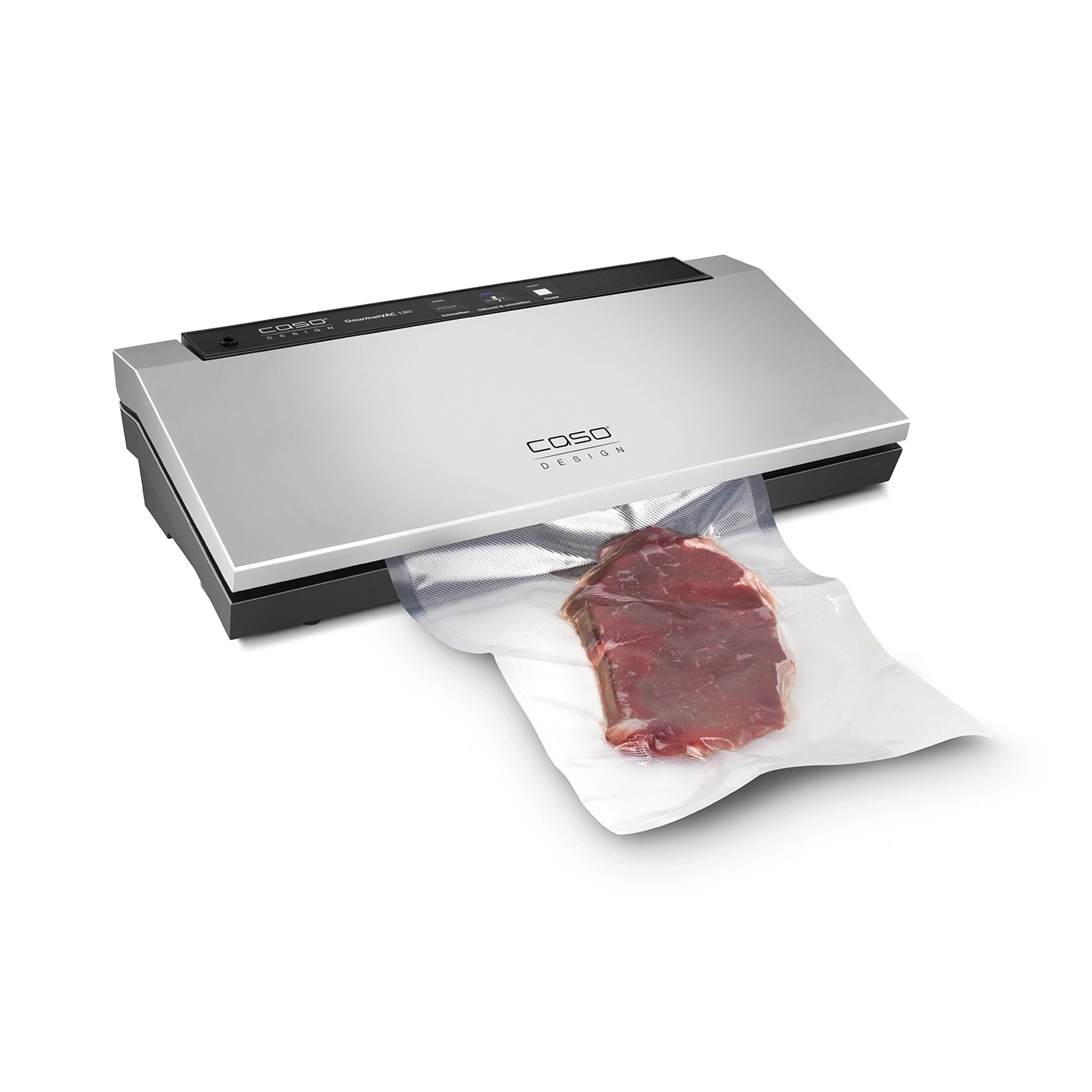 Vacuum sealer with meat in a bag, silver and black, Caso Design