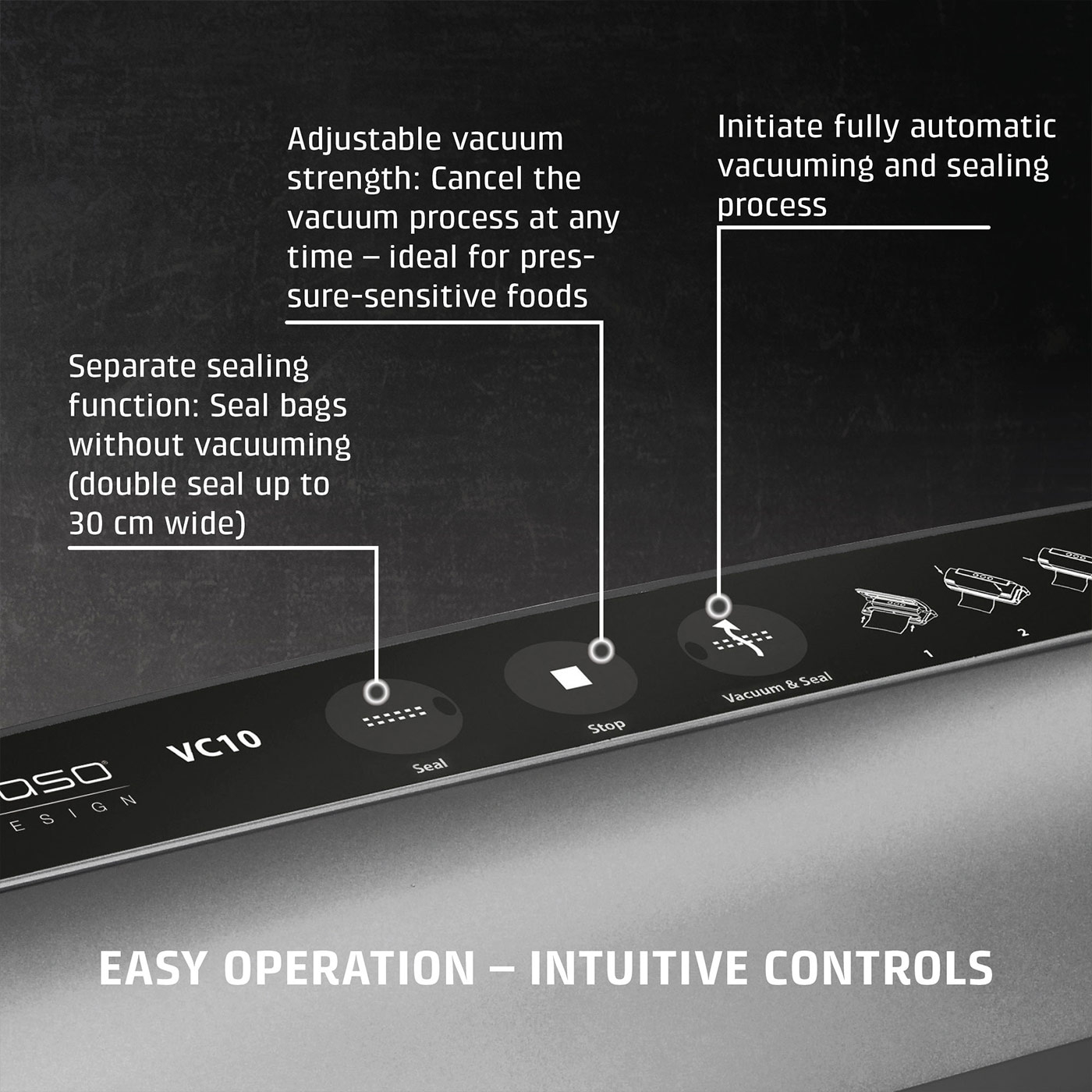 Vacuum sealer with features: vacuum, seal, stop, easy operation, for food preservation.