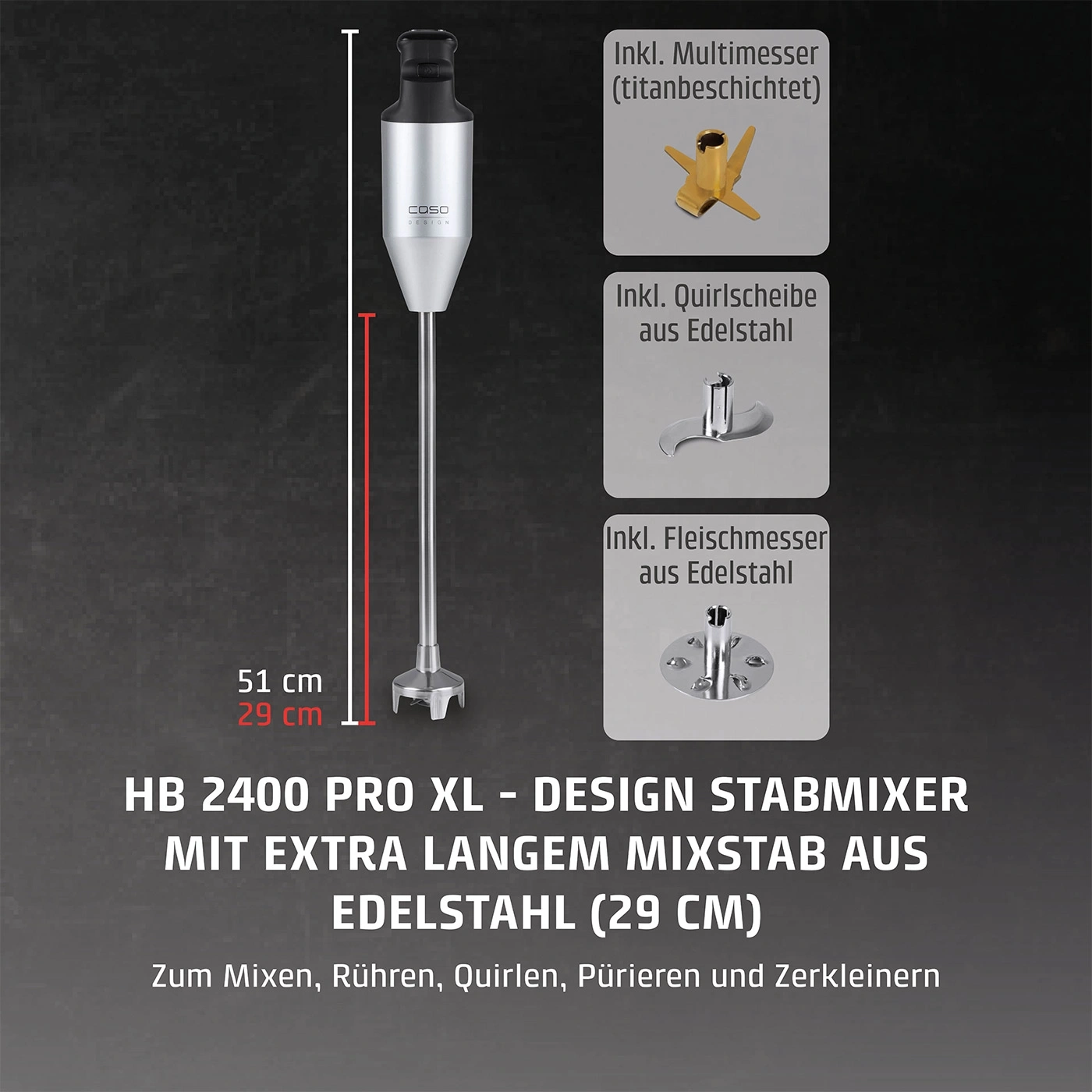 Stabmixer mit Zubehör, Edelstahl, 29 cm Mixstab, zum Mixen, Rühren, Pürieren und Zerkleinern