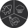 Circle with fish, muffin, carrot and broccoli, nutrition concept, healthy food