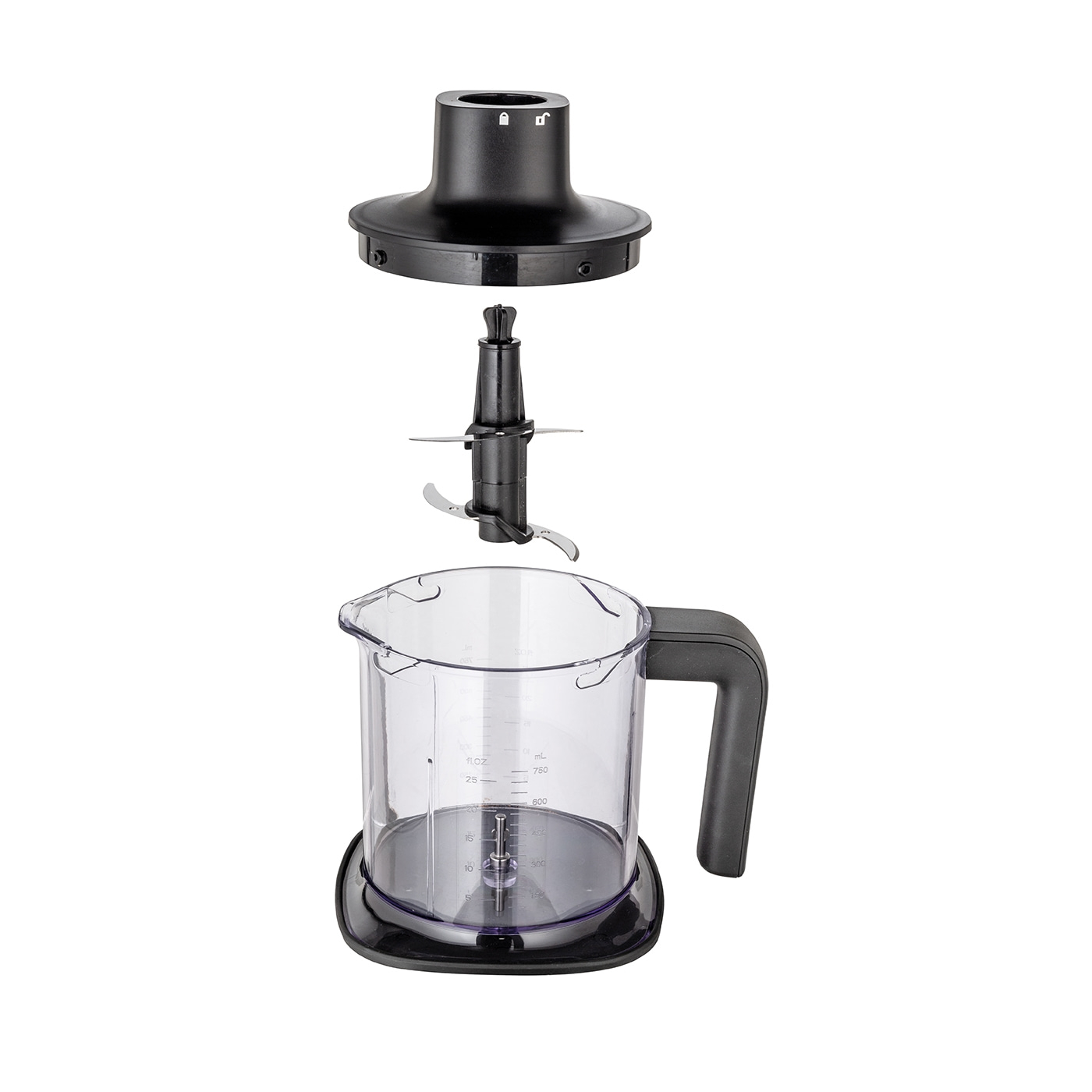 Disassembled immersion blender with cup and blades, ready to mix ingredients.