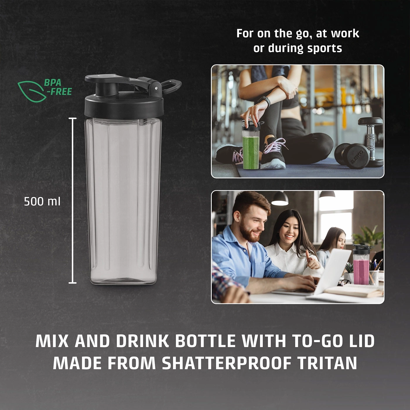 A BPA-free 500 ml drinking bottle, perfect for on-the-go, work, or sports.