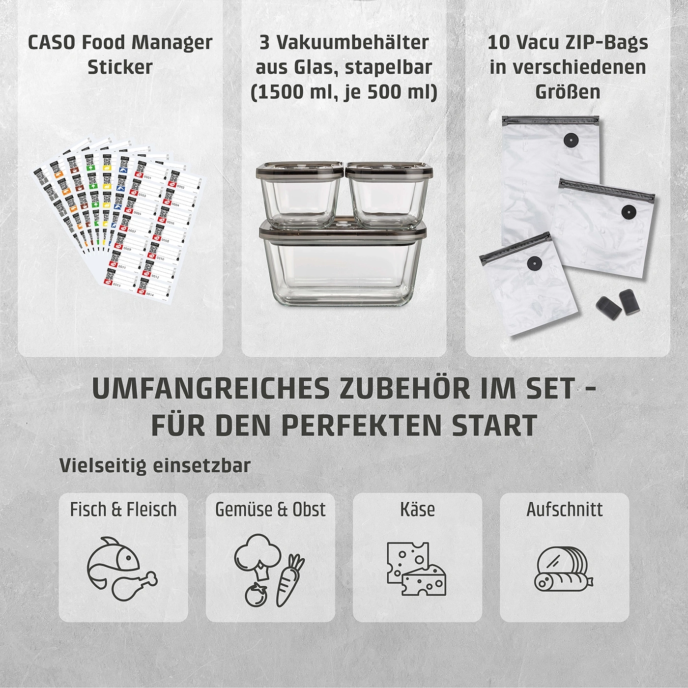 CASO Food Manager Set mit Vakuumbehältern, ZIP-Bags und Aufklebern für Lebensmittel.