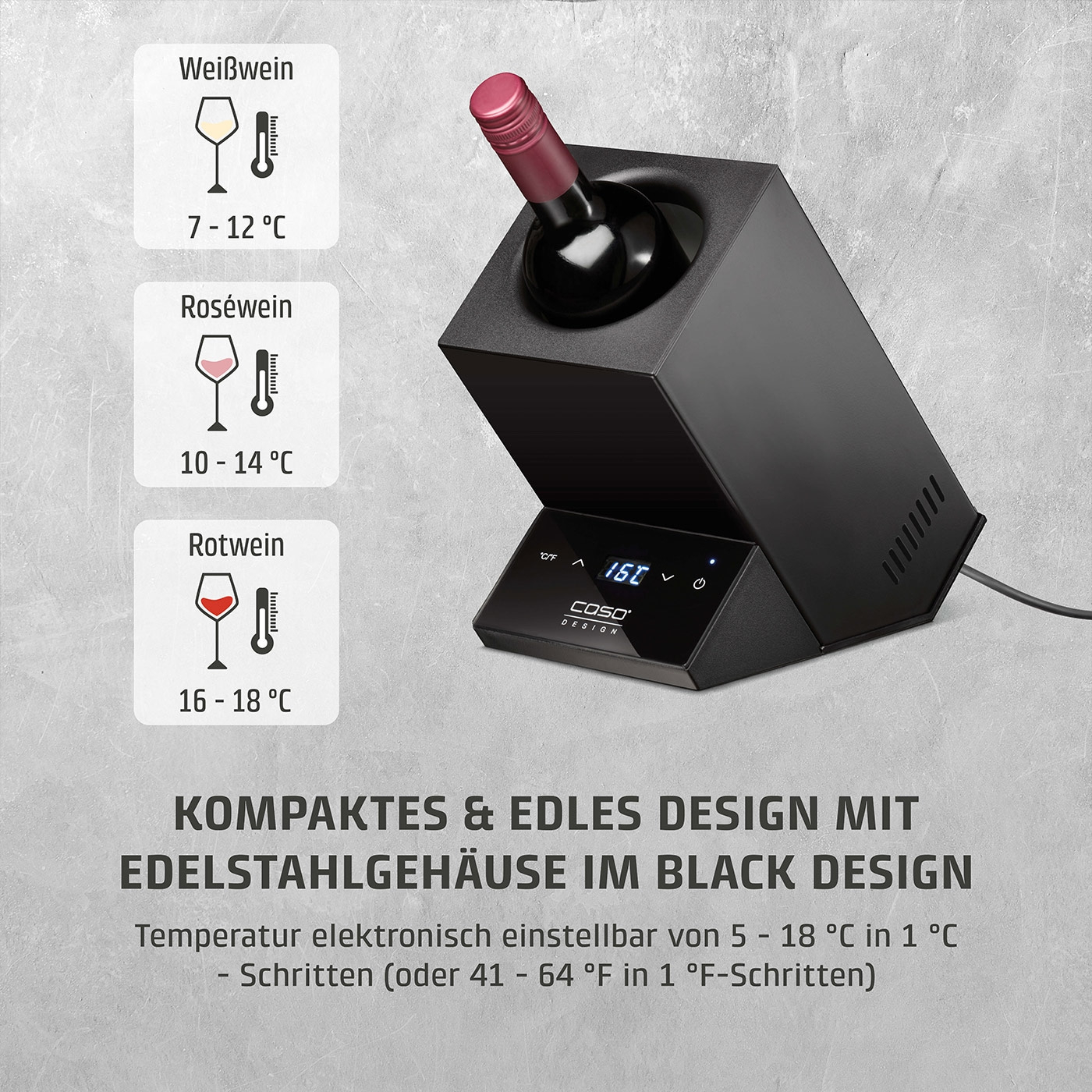 Weinkühler mit Temperaturanzeige für Weiß-, Rosé- und Rotwein in edlem Design.