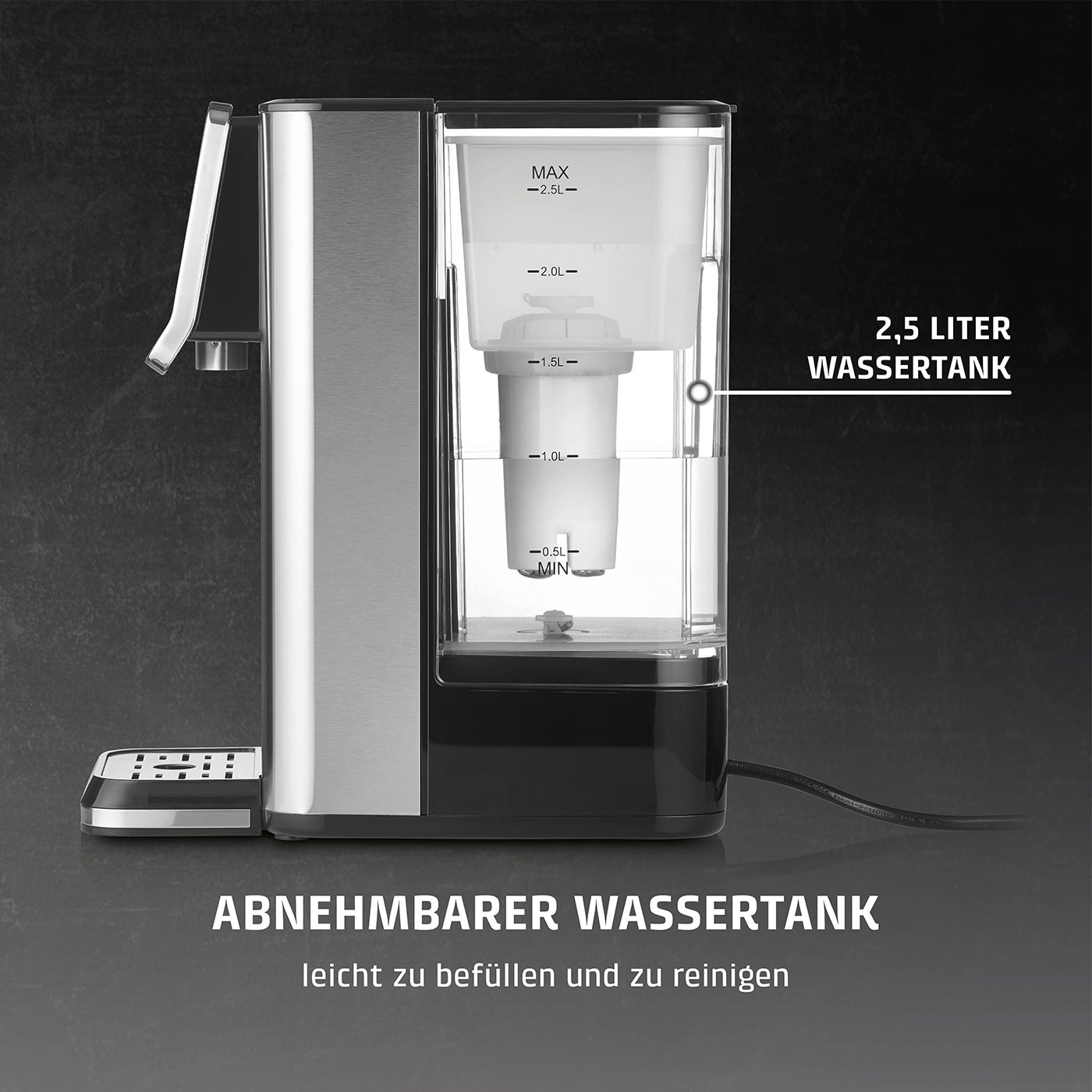 Wasserkocher mit abnehmbarem Wassertank, 2,5 Liter, leicht zu befüllen und reinigen.