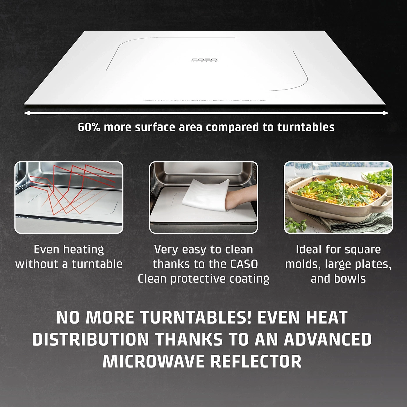 Microwave with larger surface, even heating, and easy cleaning.