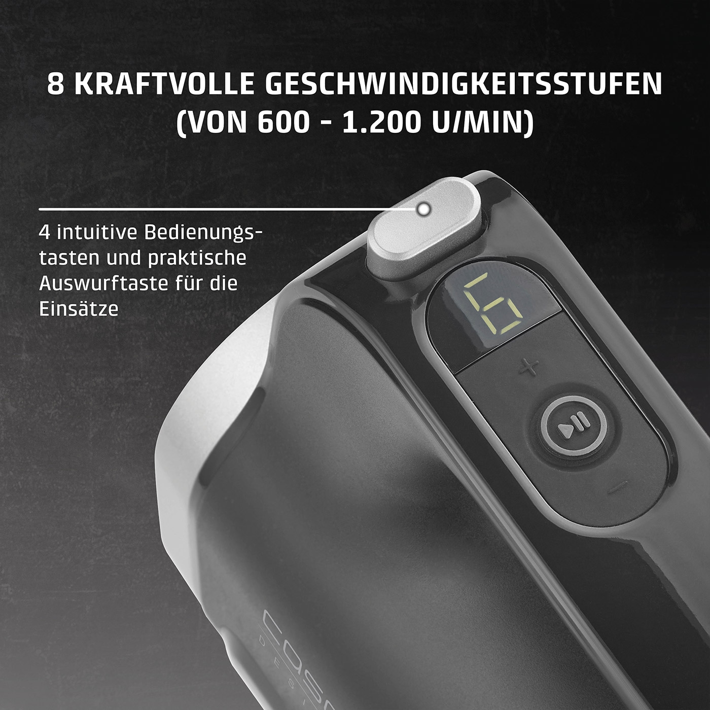 Produkt mit Bedienfeld, Geschwindigkeitseinstellungen und Textinformationen.