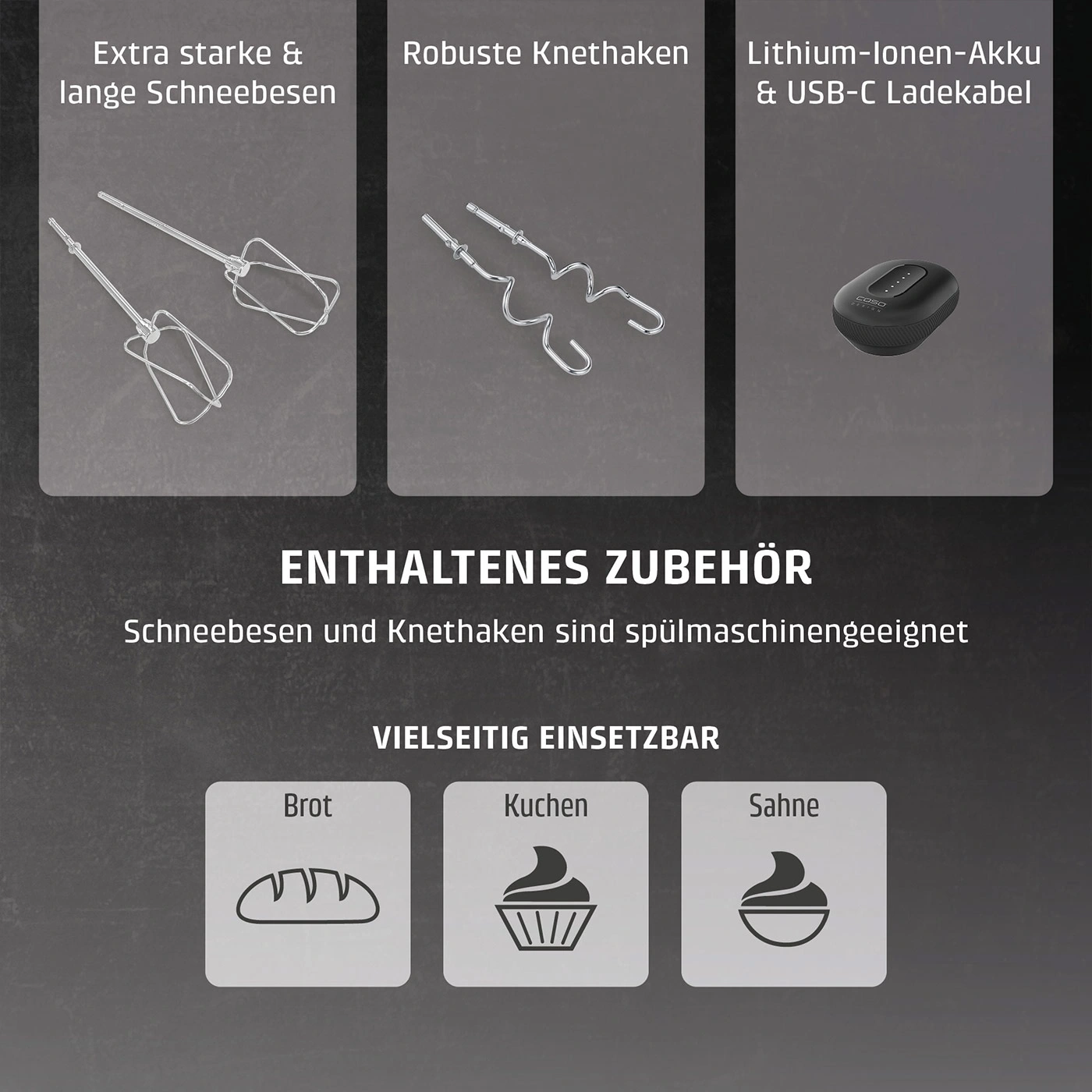 Ein Handmixer mit Zubehör wie Schneebesen, Knethaken und Akku.