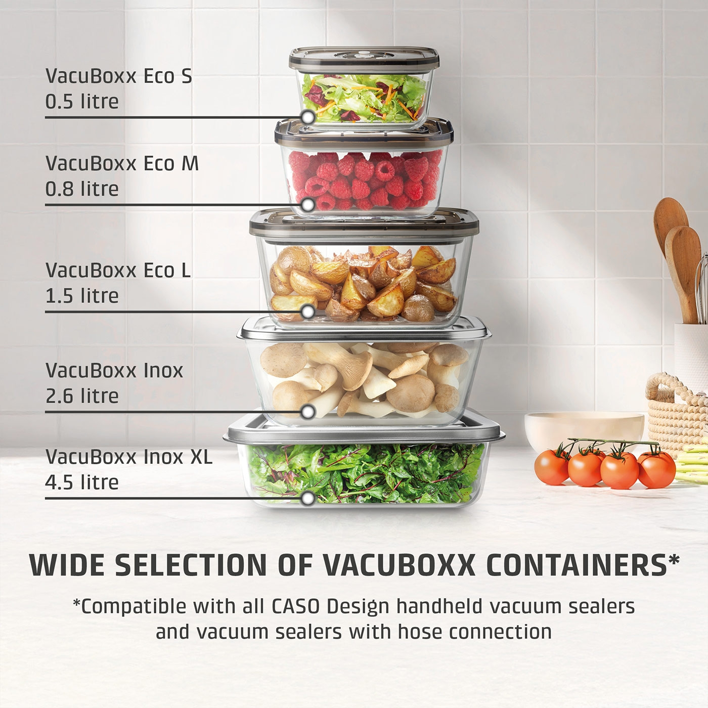 VacuBoxx containers with food: salad, raspberries, potatoes, mushrooms, and greens.