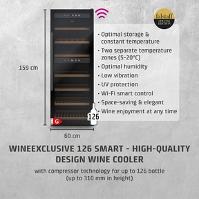 Wine cooler, 126 bottles, smart, 159cm high, 60cm wide, black design, falstaff edition.