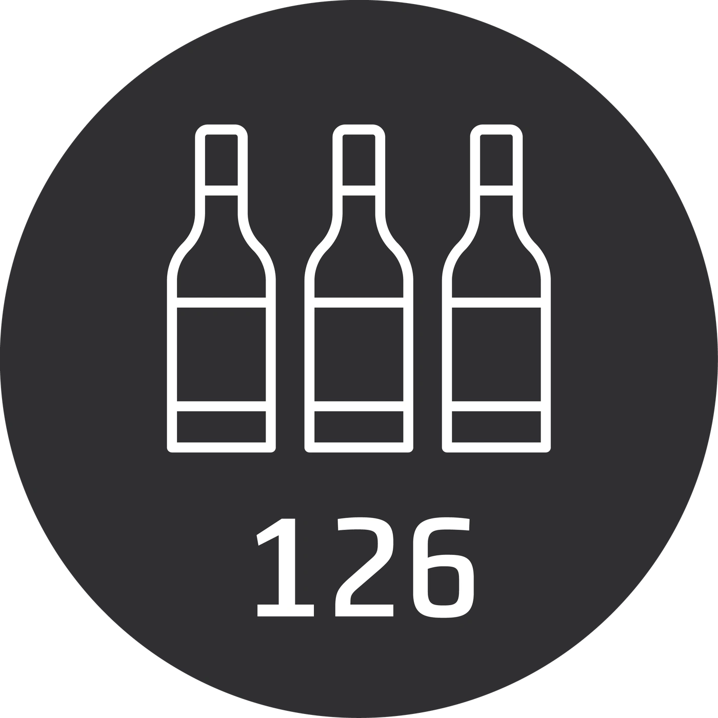 Three wine bottles with the number 126 on a dark gray background circle.