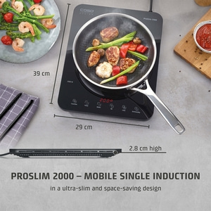 Induction cooktop with food, dimensions, and text. ProSlim 2000.