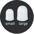 Two white finger cots with snowflake design, labeled 'small' and 'large' on a black background.