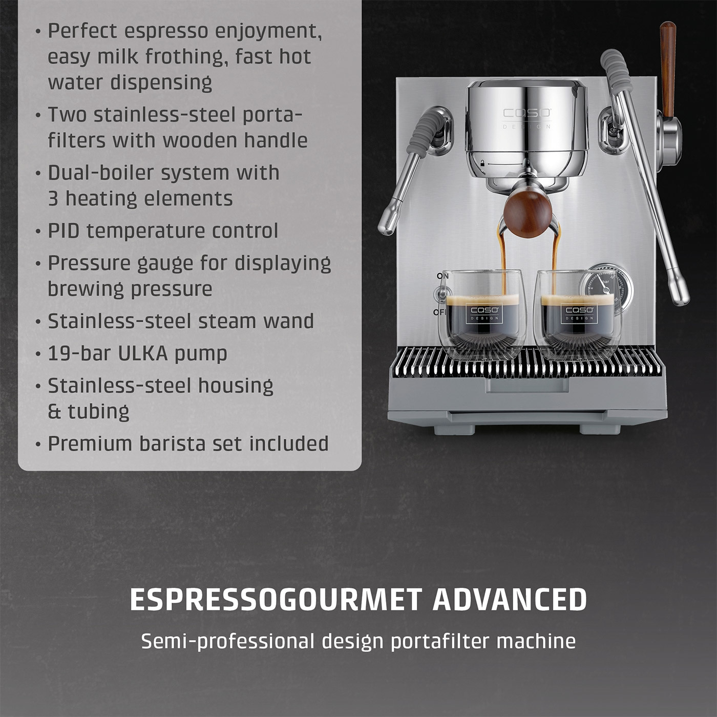 An espresso machine with two glasses of coffee.