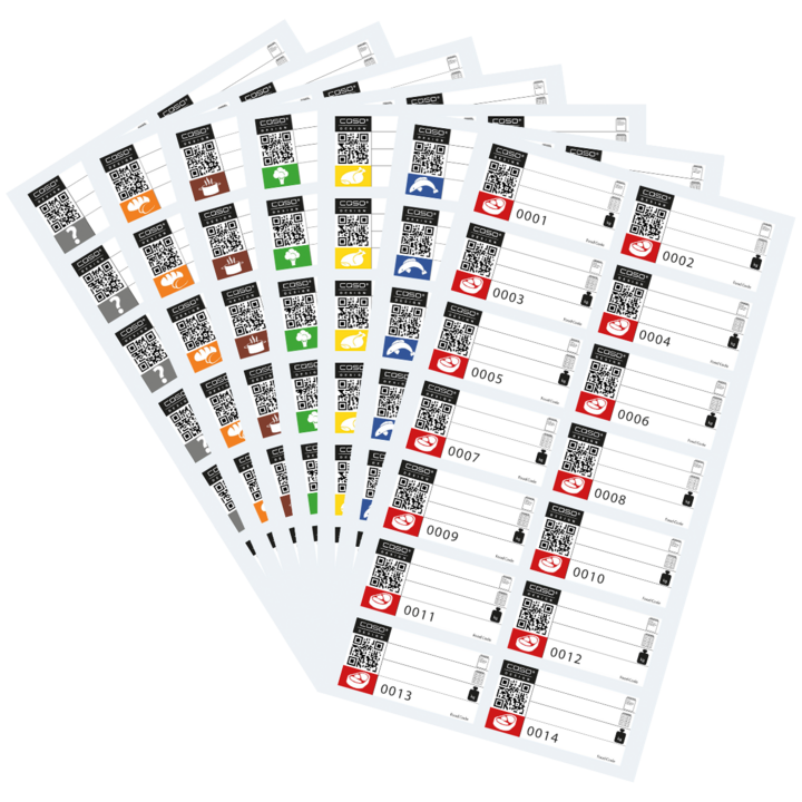 Cards with QR codes, food symbols, and numbers for food labeling and organization.