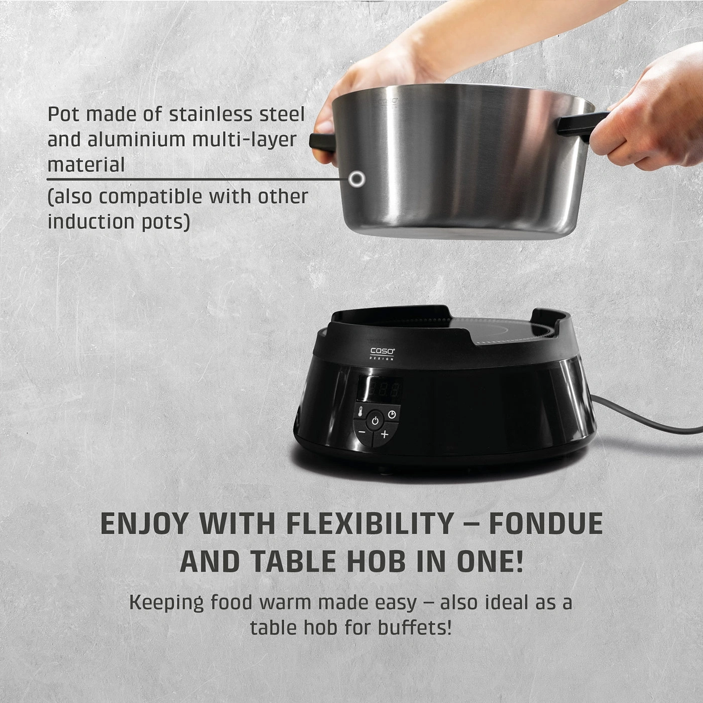Pot made of stainless steel and aluminum multi-layer material, also usable with other induction pots.