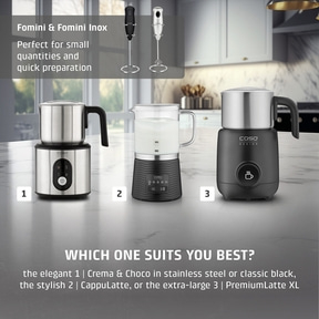 Milk frother product advertisement with three options: Crema & Choco, CappuLatte, PremiumLatte XL.