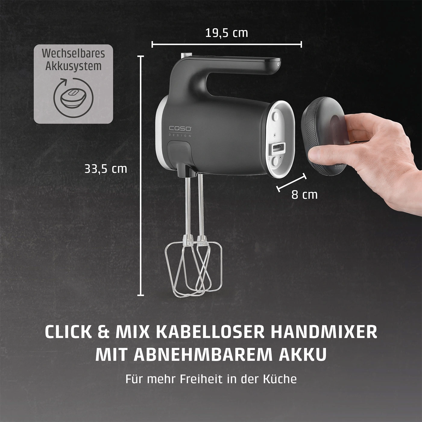 Kabelloser Handmixer mit abnehmbarem Akku und Zubehör