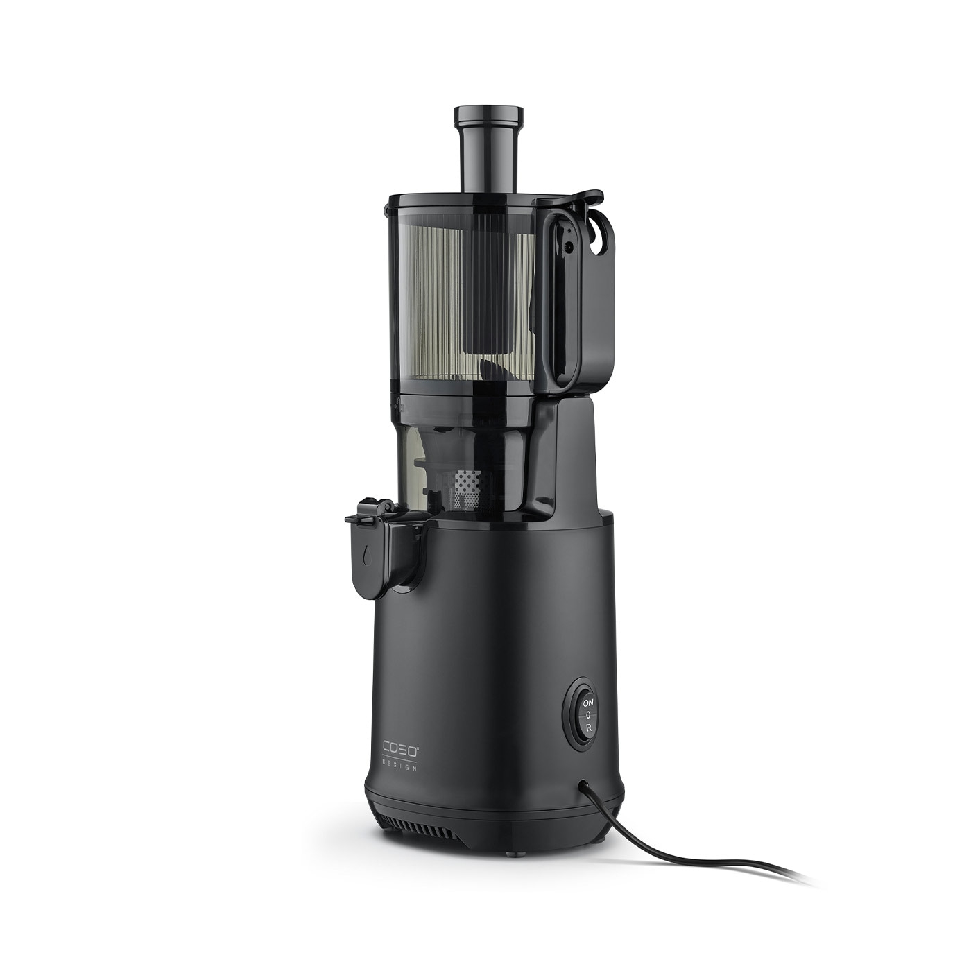 Black juicer, electric appliance, kitchen, juice preparation, design, Caso, on/off switch