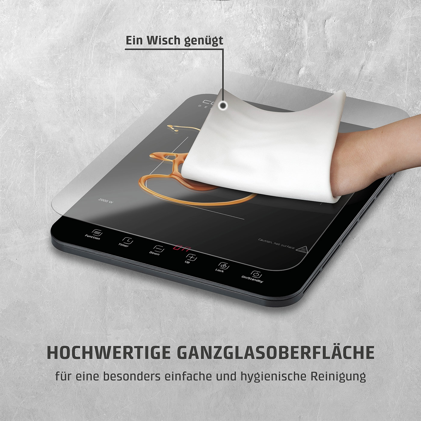 Induktionskochfeld mit Reinigungstuch, hochwertige Glasoberfläche, einfach und hygienisch.