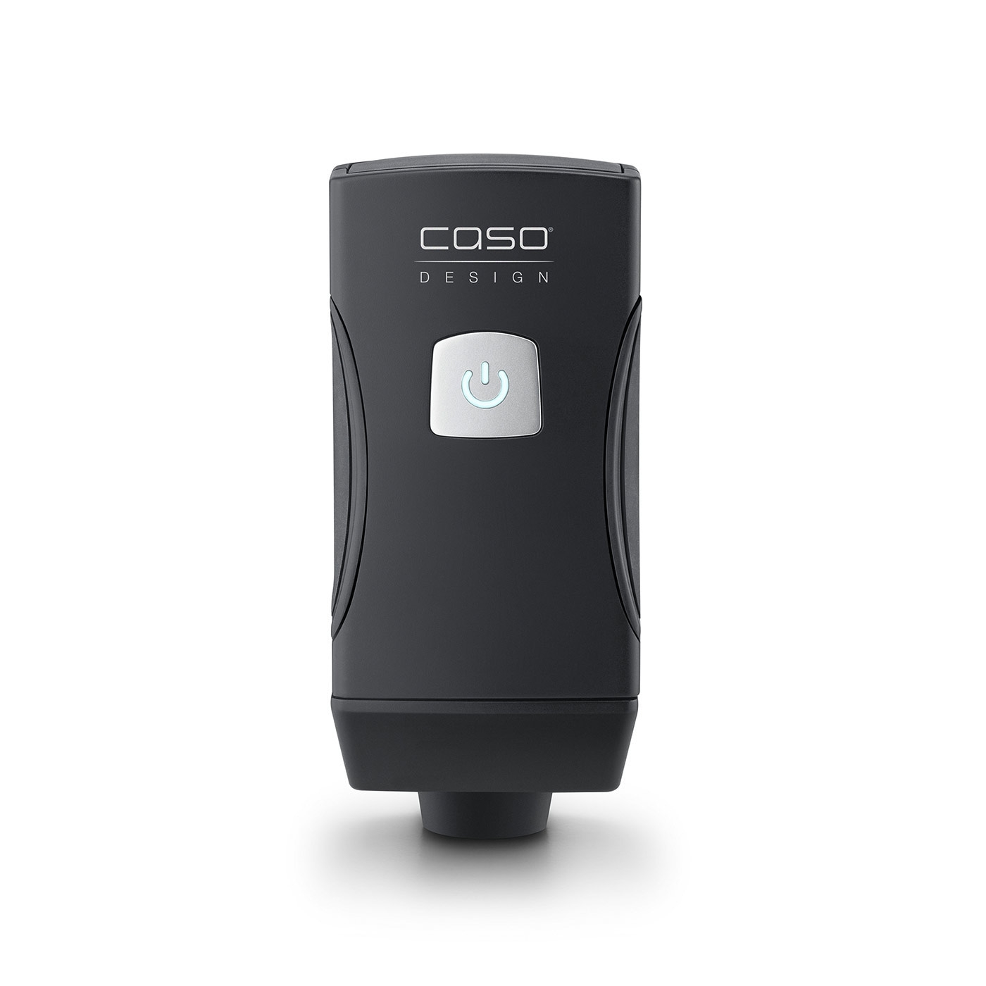 Black electronic device with logo and power button on a white background.