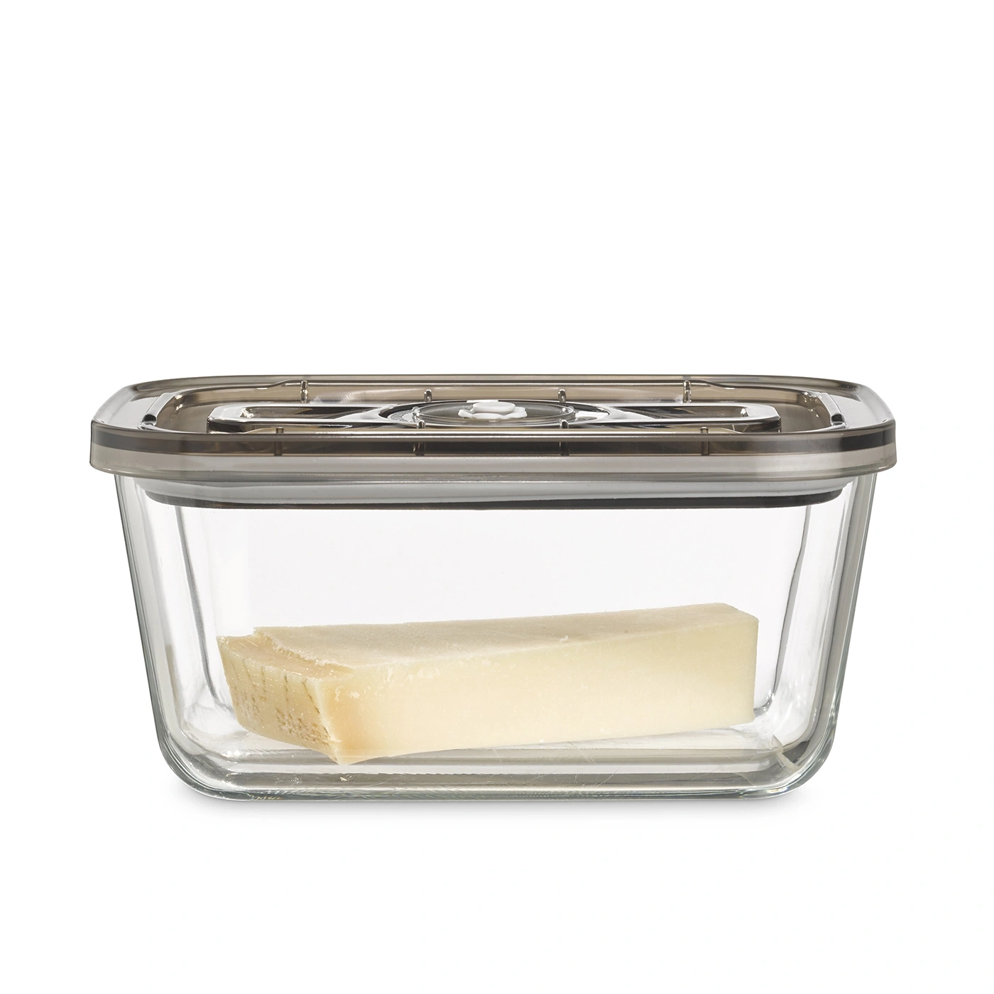 Glass container with cheese, lid, transparent, rectangular, food storage